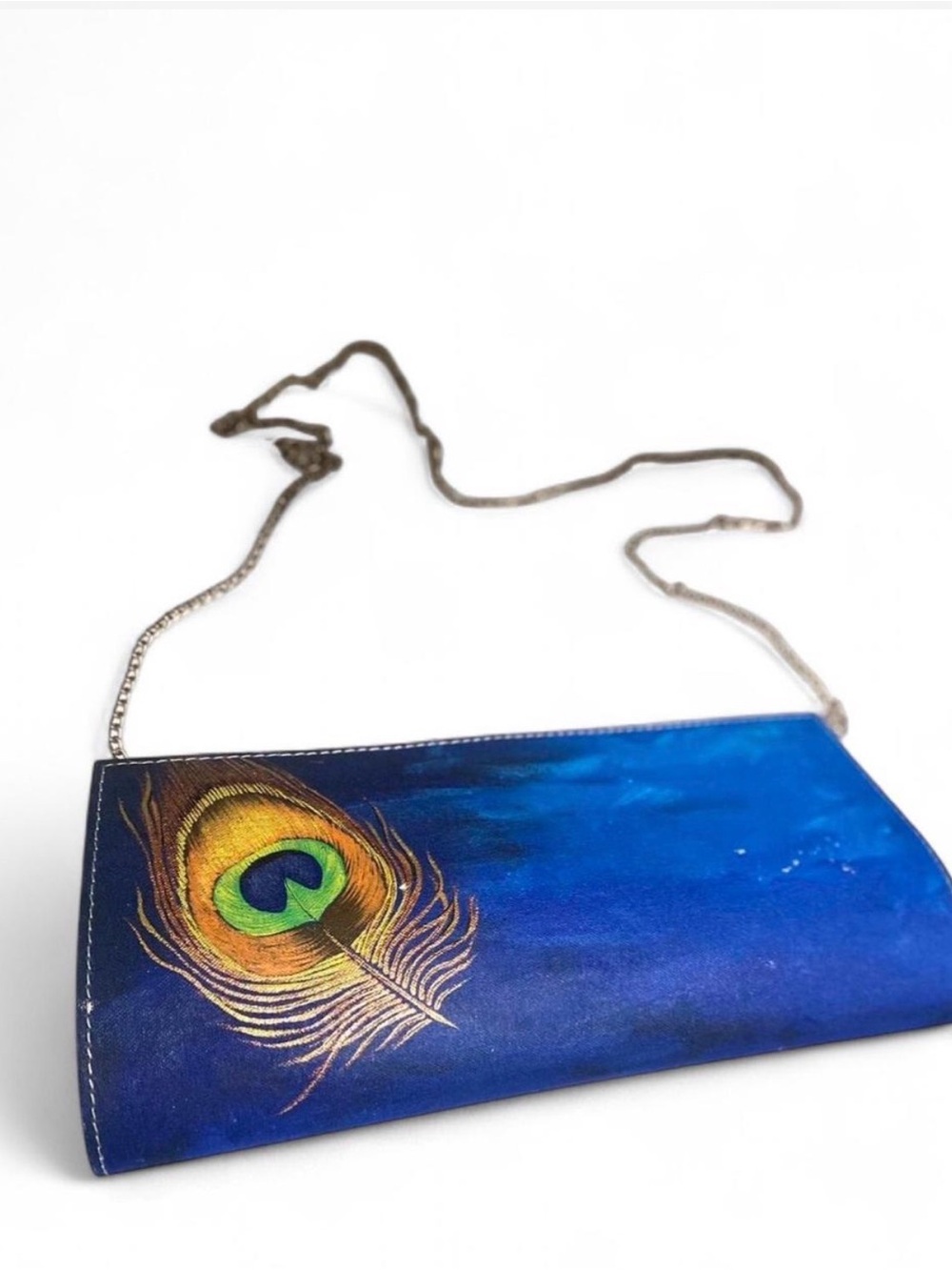 Blue Peacock Feather Clutch Handbag with Chain Strap